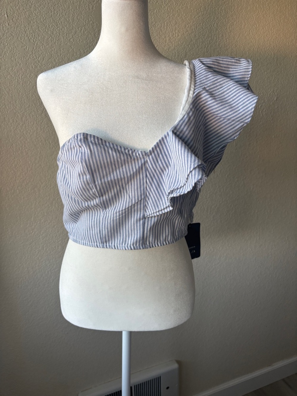 SHEIN Blue & White Striped One-Shoulder Ruffle Crop Top